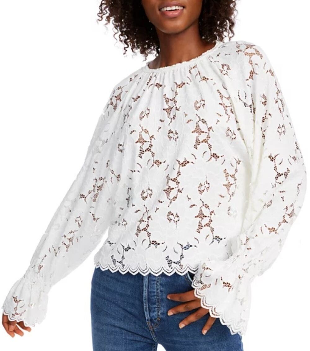Free People Olivia Floral Lace Top Womens Medium Ivory Scalloped Trim Boho